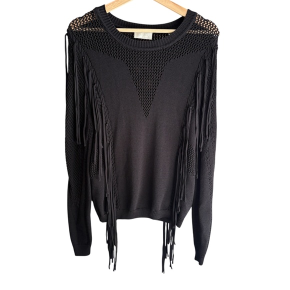7 For All Mankind Women's Open Weave Fringe Black Sweater Size S - Picture 4 of 11